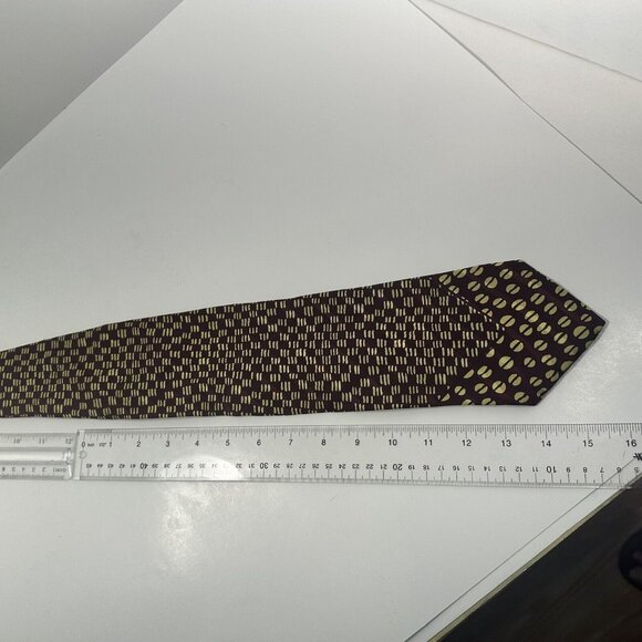 XMI Mens Silk Neck Tie Geometric Brown and Lime Green - Picture 6 of 7